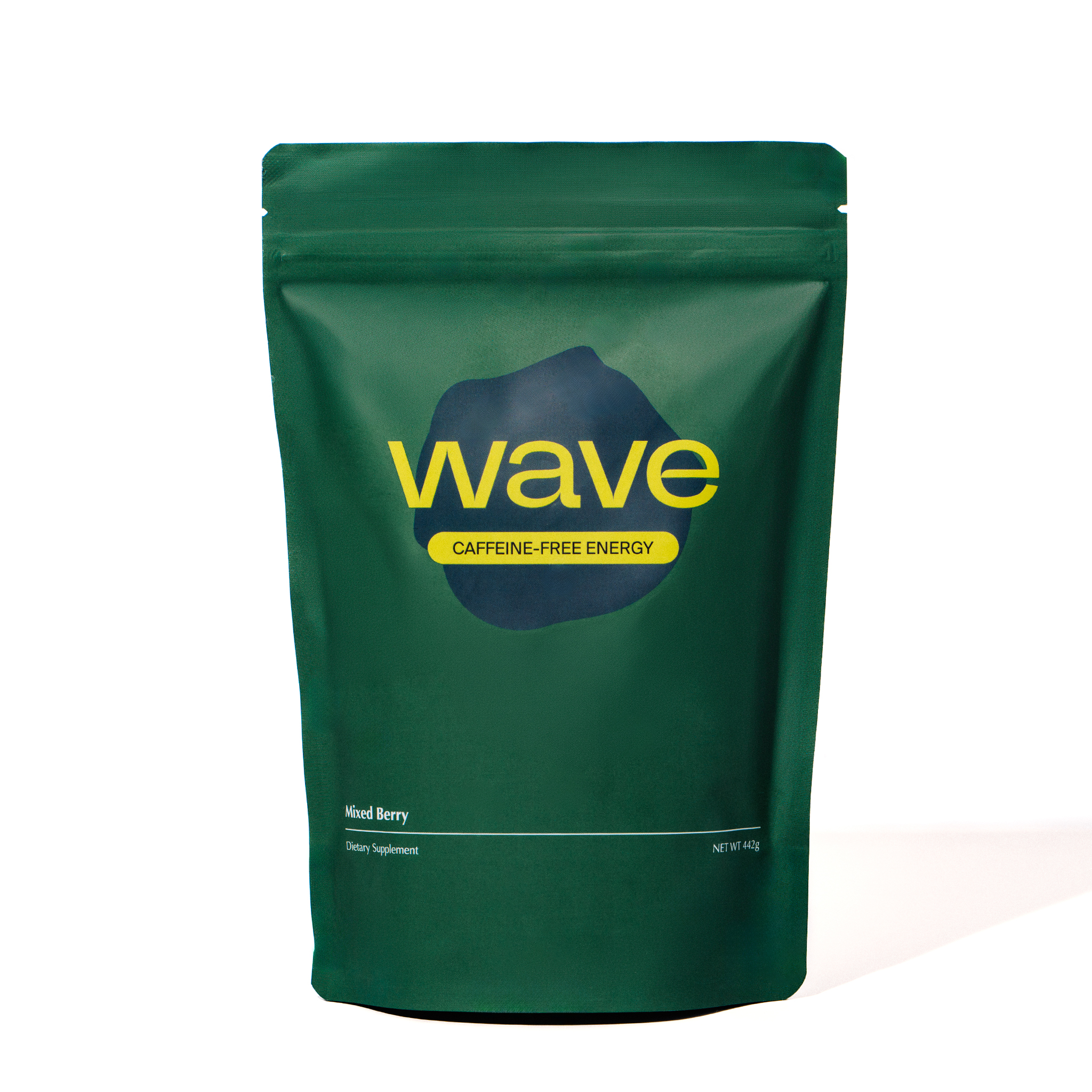 A dark green pouch of Wave caffeine-free energy dietary supplement, mixed berry flavor, on a white background.