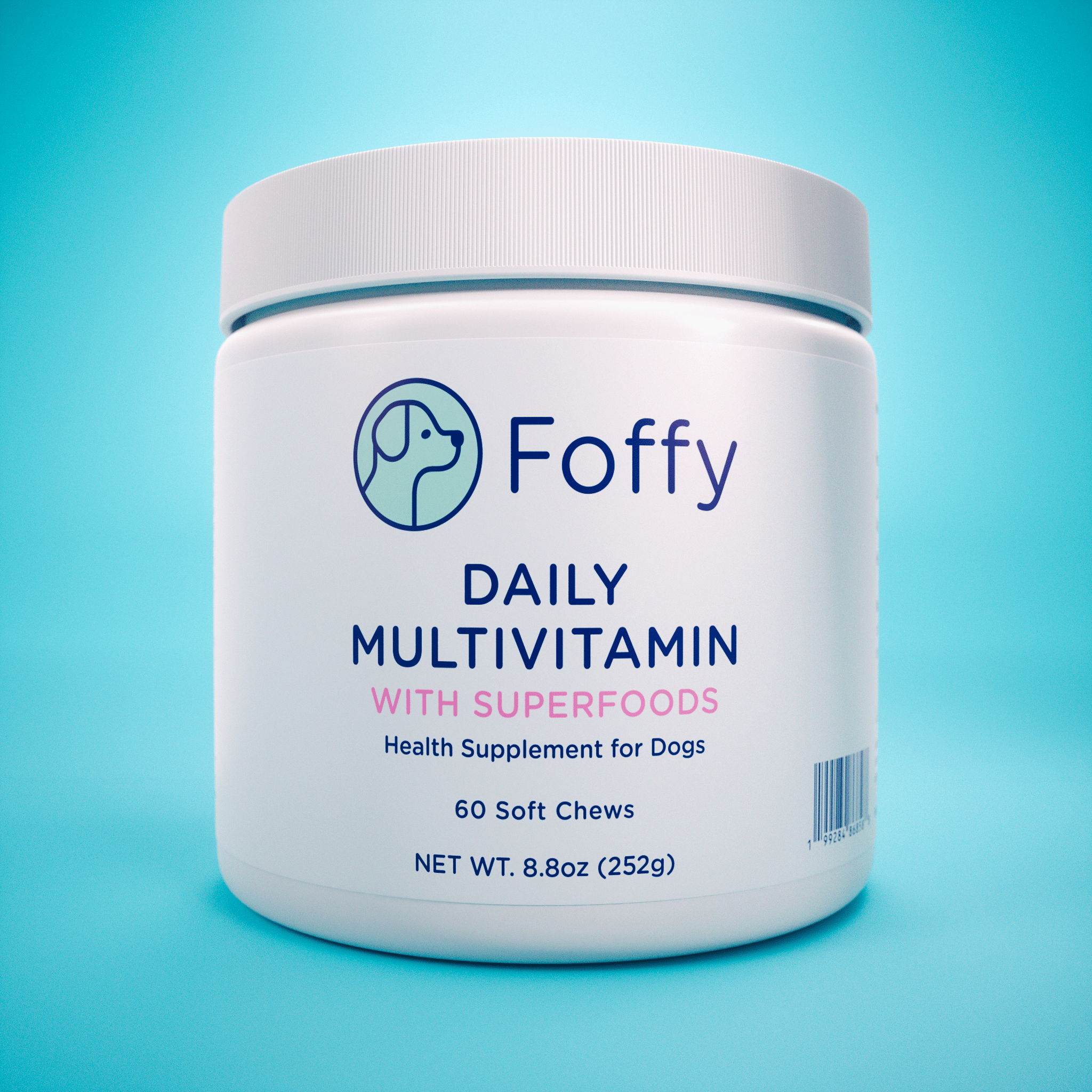 Container of dog multivitamins with the brand name Foffy.