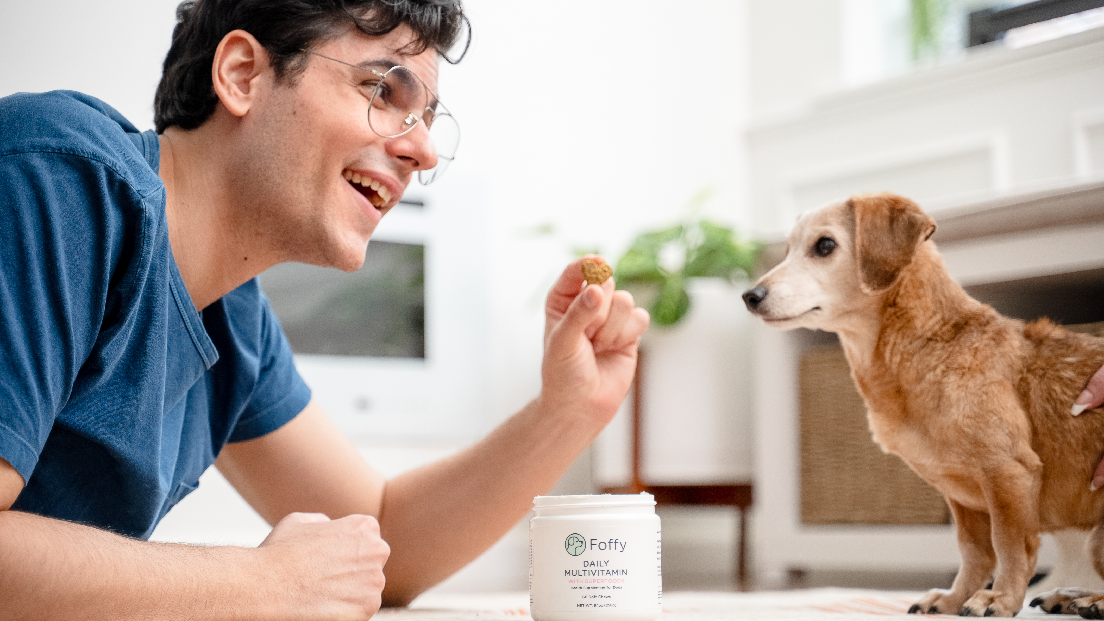 A smiling man in glasses holds a chewable supplement for a small brown dog.