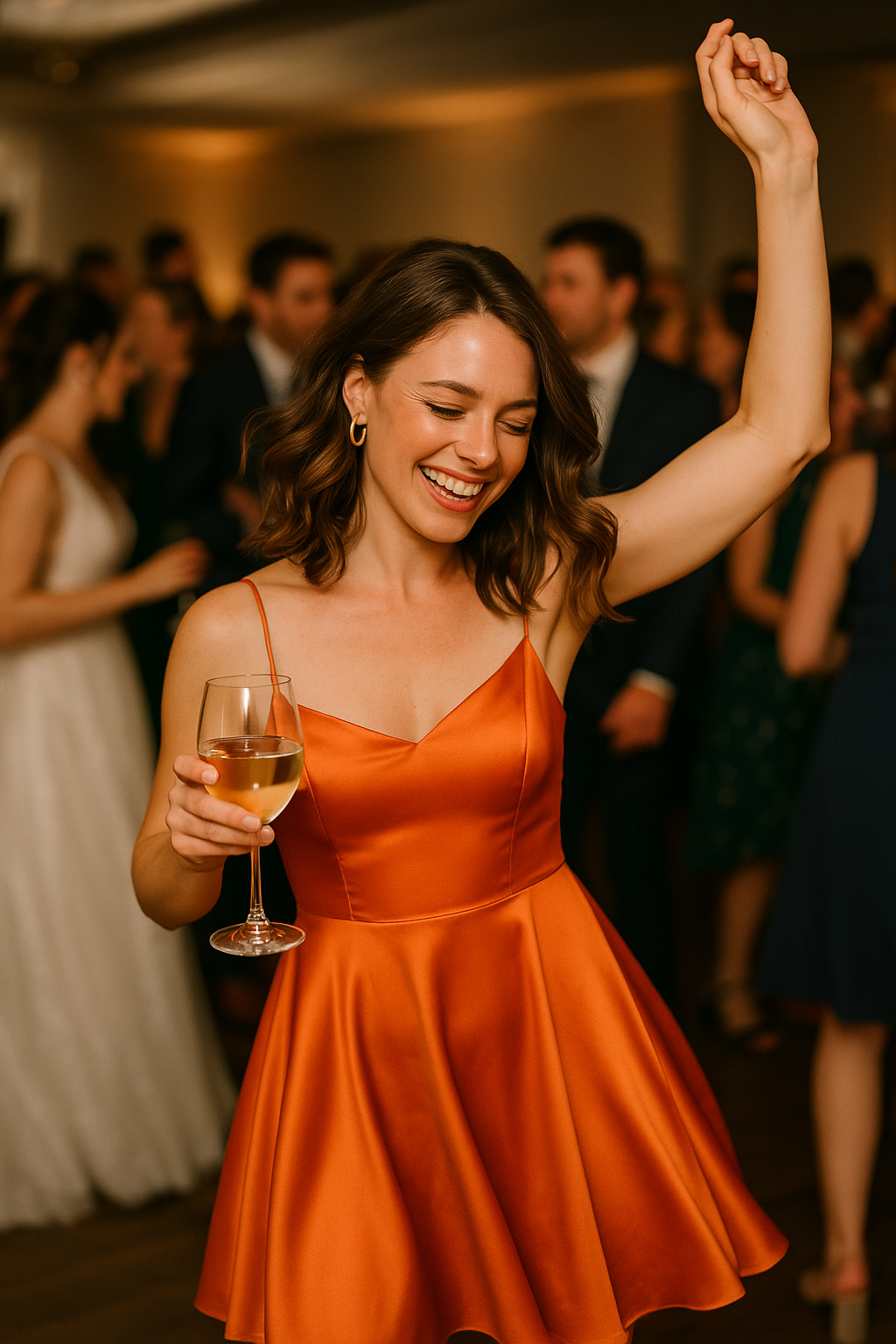 Woman in orange dress dancing with a glass of wine at a party.