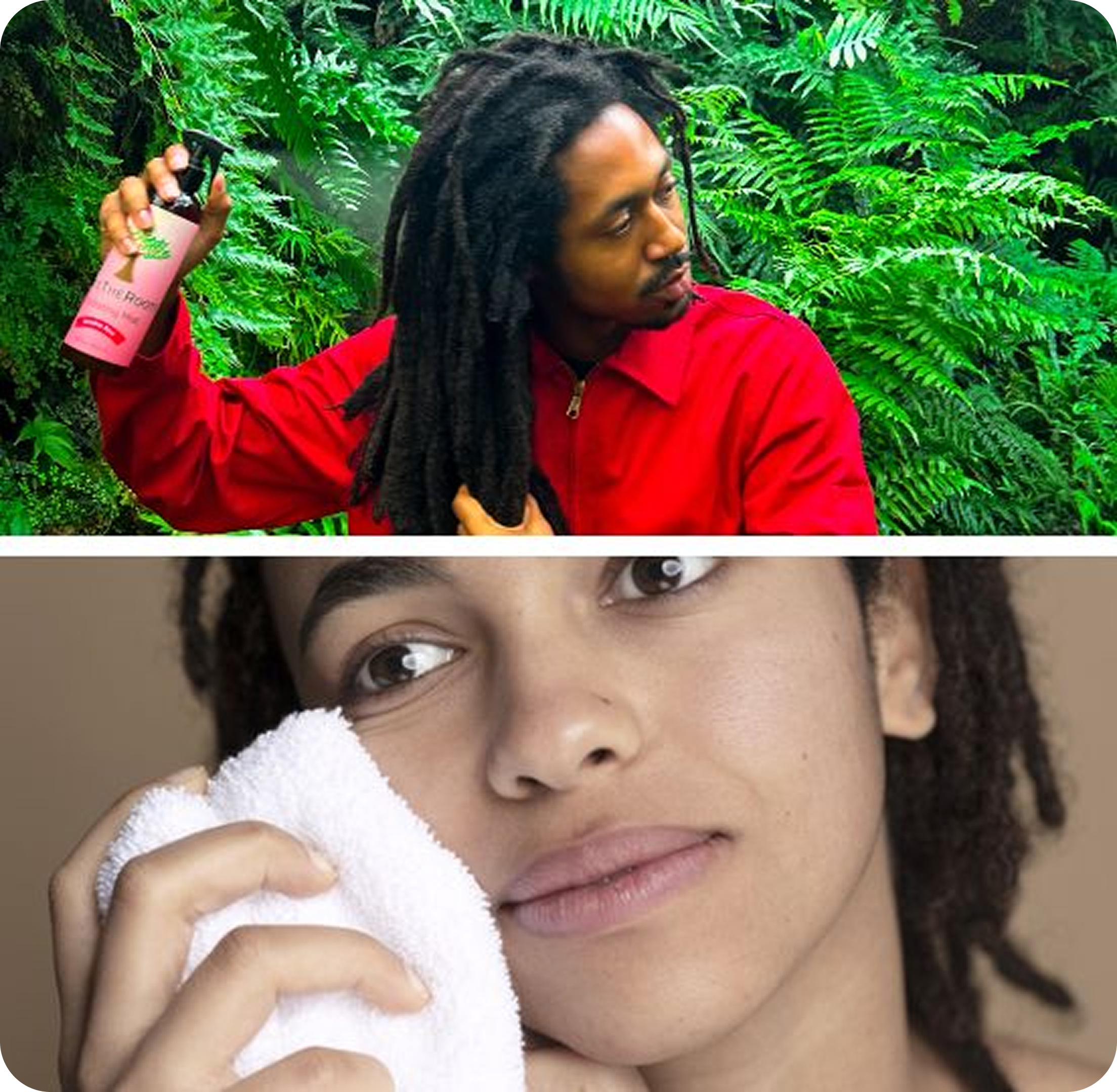 Split image: person spraying hair outdoors, woman holding towel to face.
