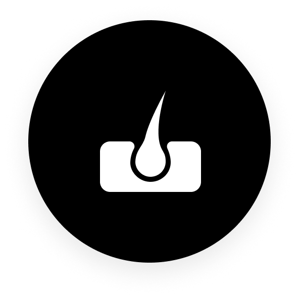 White hair follicle icon on a black circular background.