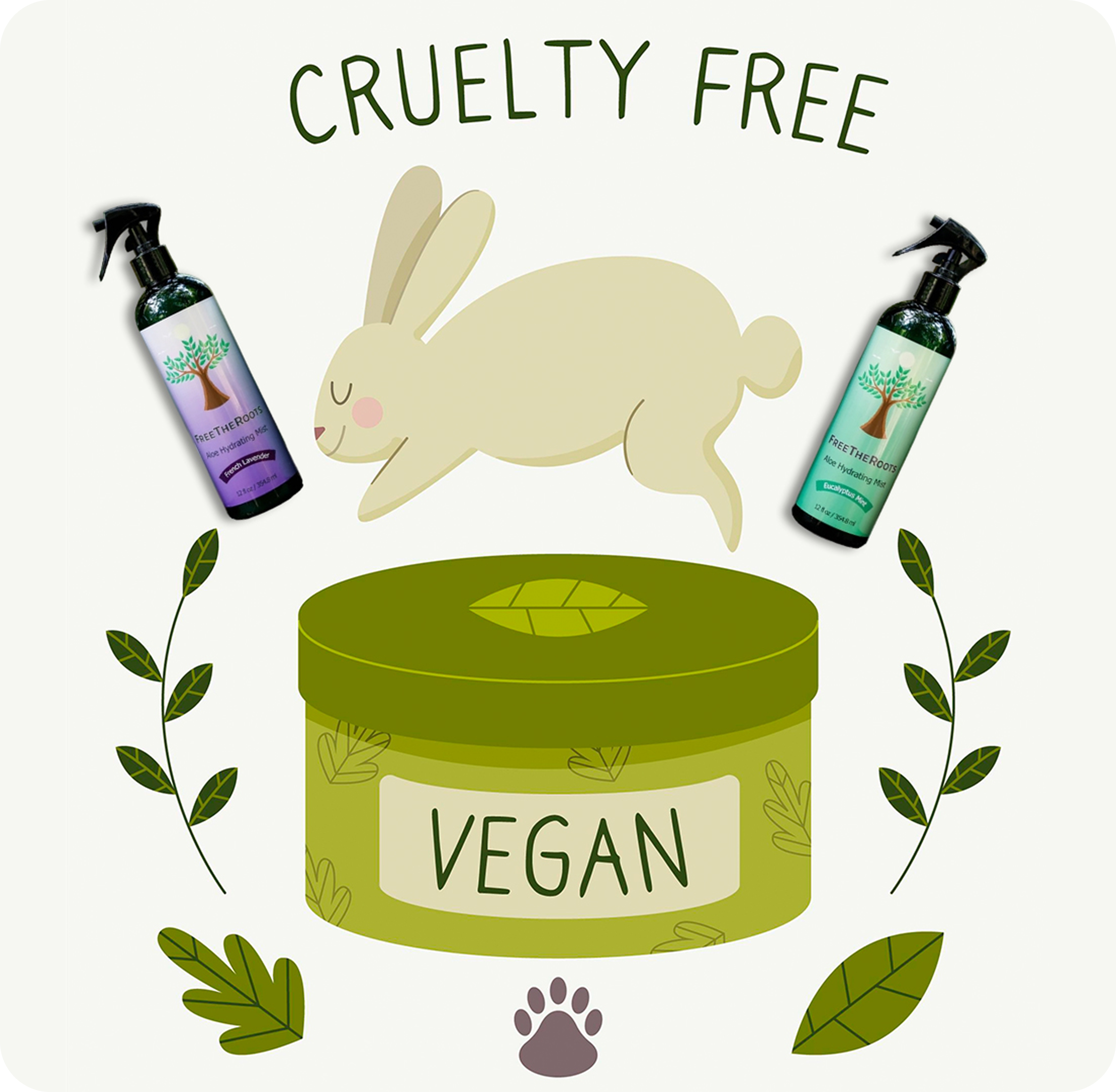 Illustration of a rabbit, vegan container, and spray bottles, labeled 'Cruelty Free'.