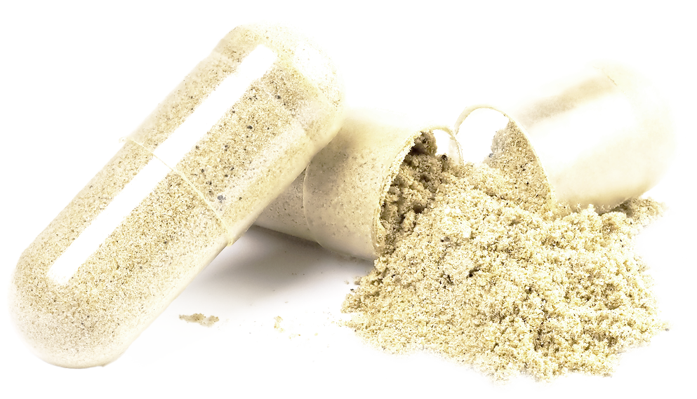 Two capsules with beige powder spilling out.