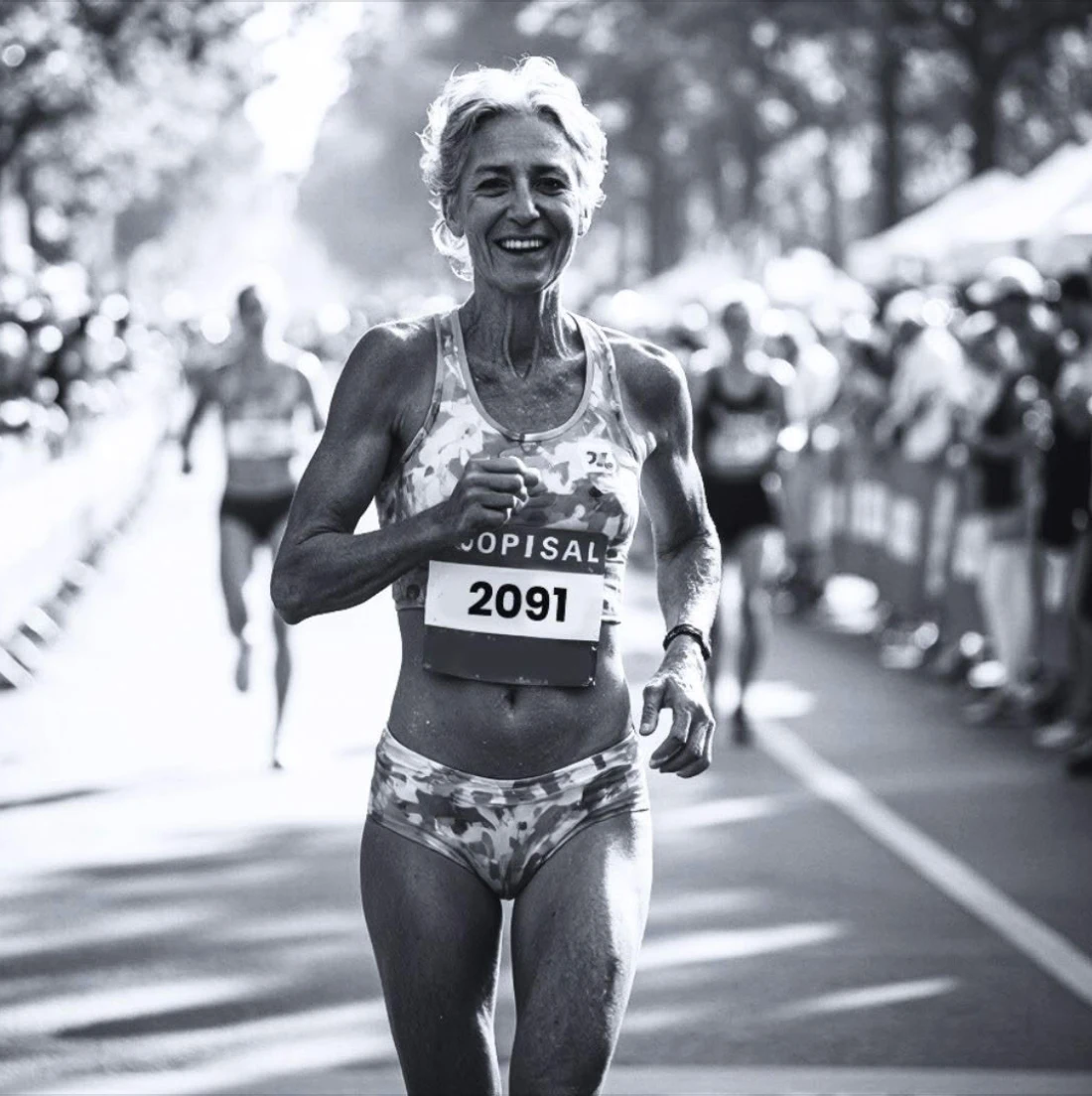 A black and white photo of a smiling older woman running in a marathon.