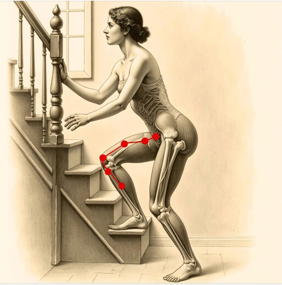 Anatomical illustration of a woman walking up stairs, showing the muscles and bones of the legs.