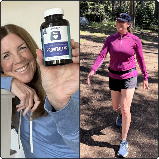 A split image showing a woman holding a bottle of Provitalize and the same woman hiking outdoors.