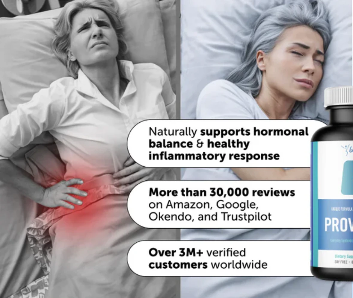 A split-screen ad shows a woman in pain versus a woman sleeping peacefully, with a product bottle nearby.