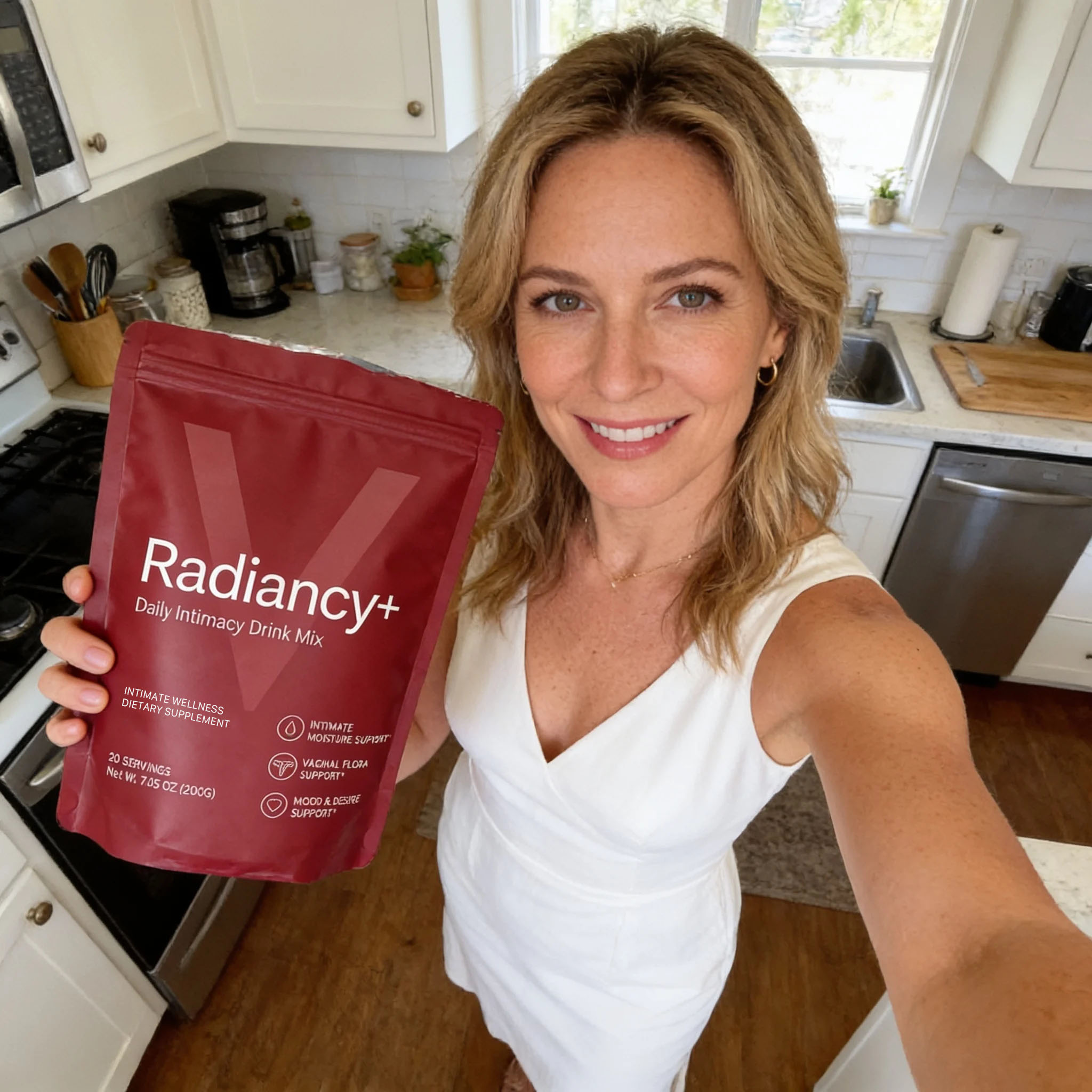 A smiling woman in a white dress holds up a red pouch of Radiancy+ drink mix in a kitchen.