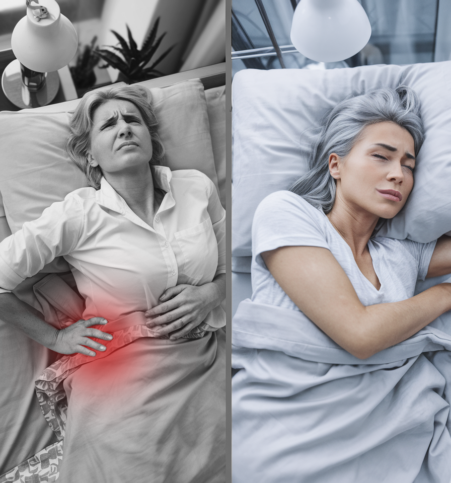 A split-screen ad shows a woman in pain versus a woman sleeping peacefully, with a product bottle nearby.