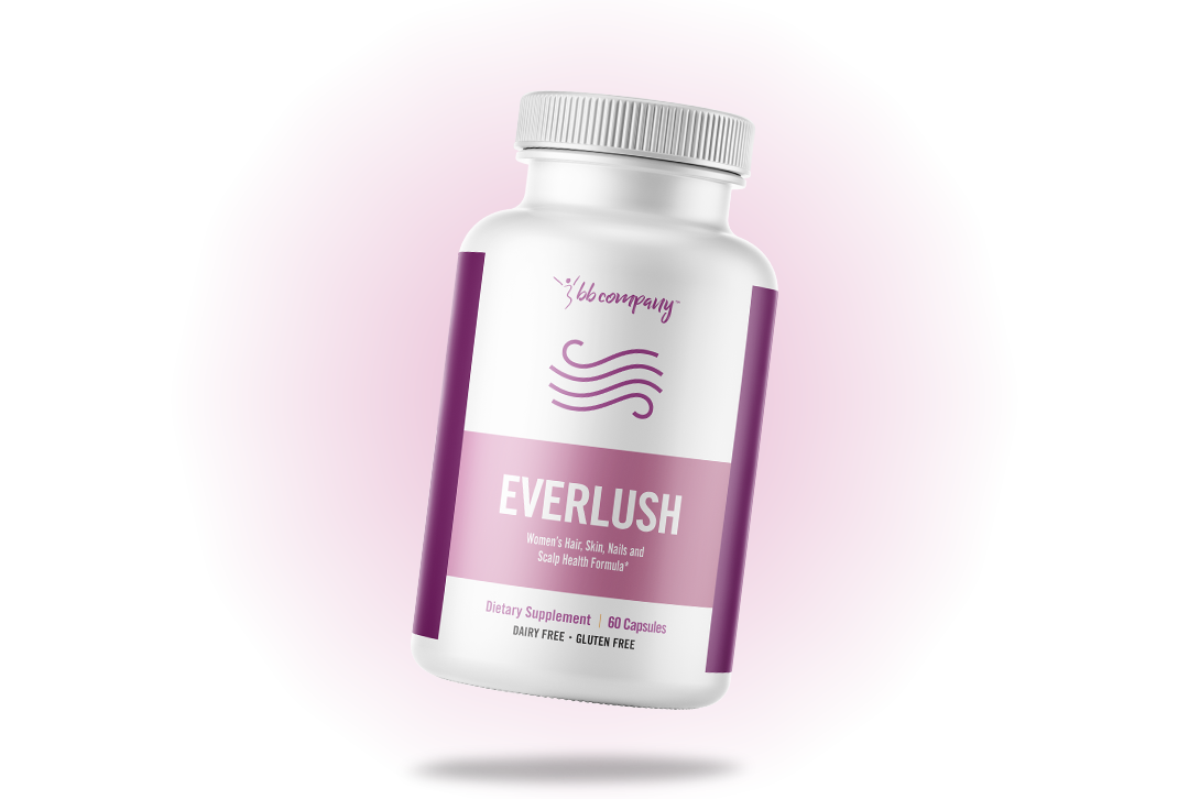 A bottle of Everlush dietary supplement on a pink background.