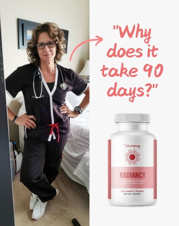 An advertisement with a woman in scrubs next to a bottle of 'Radiancy' supplements and text.
