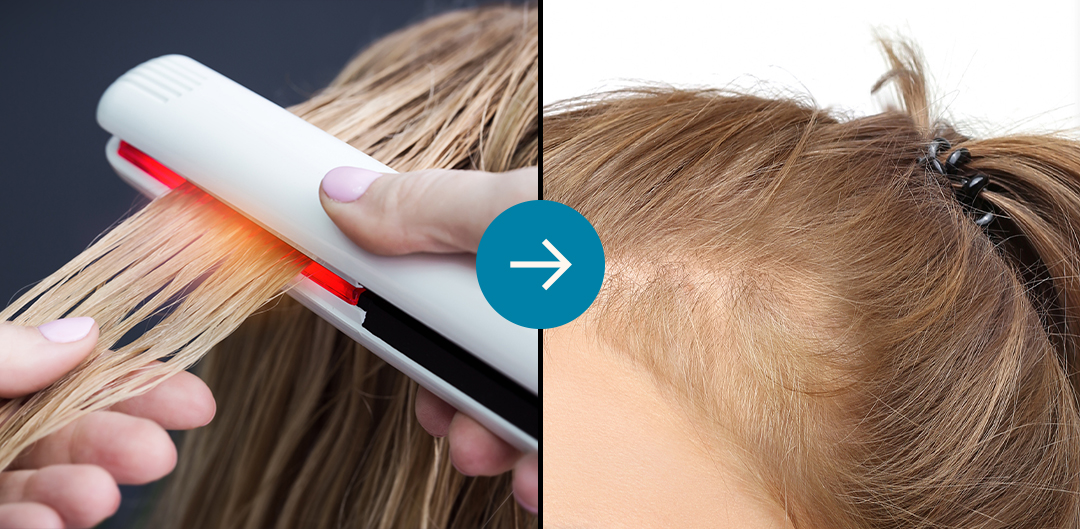 Split image of hair straightening and hair thinning.