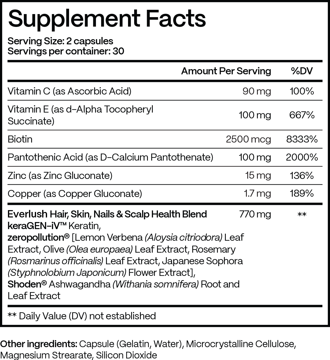 Supplement facts label detailing vitamin and mineral contents per serving.