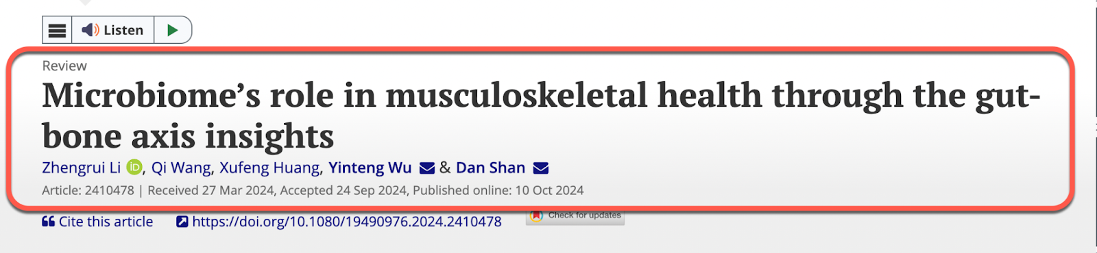 Academic article title on gut-bone axis and musculoskeletal health, with authors and publishing details.