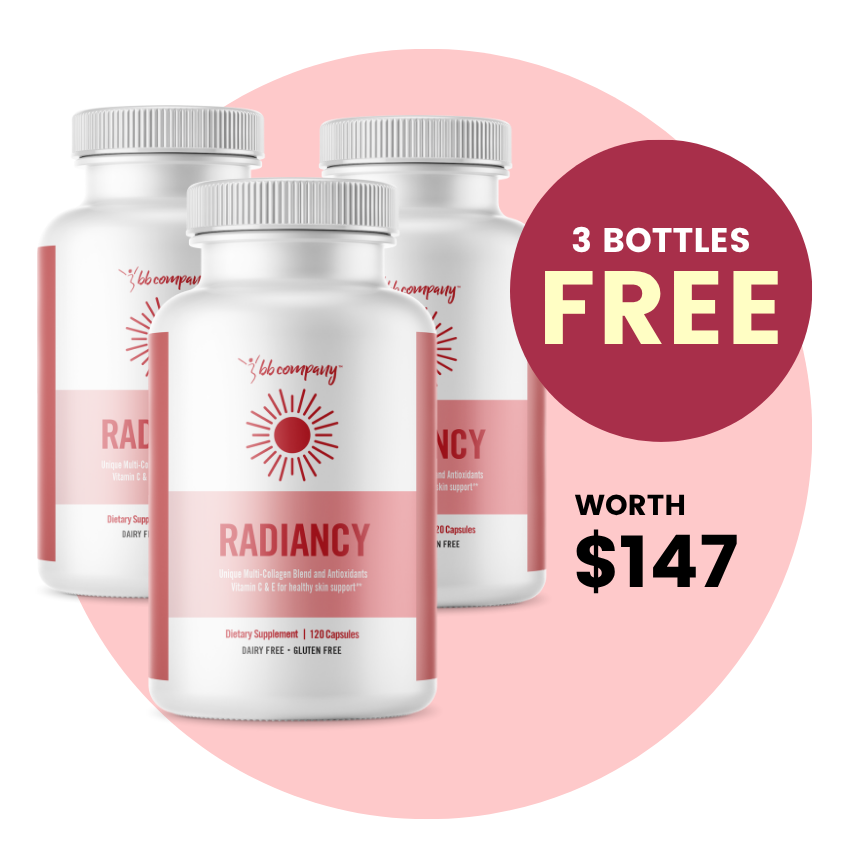 Three bottles of 'Radiancy' supplements with a promotional offer.