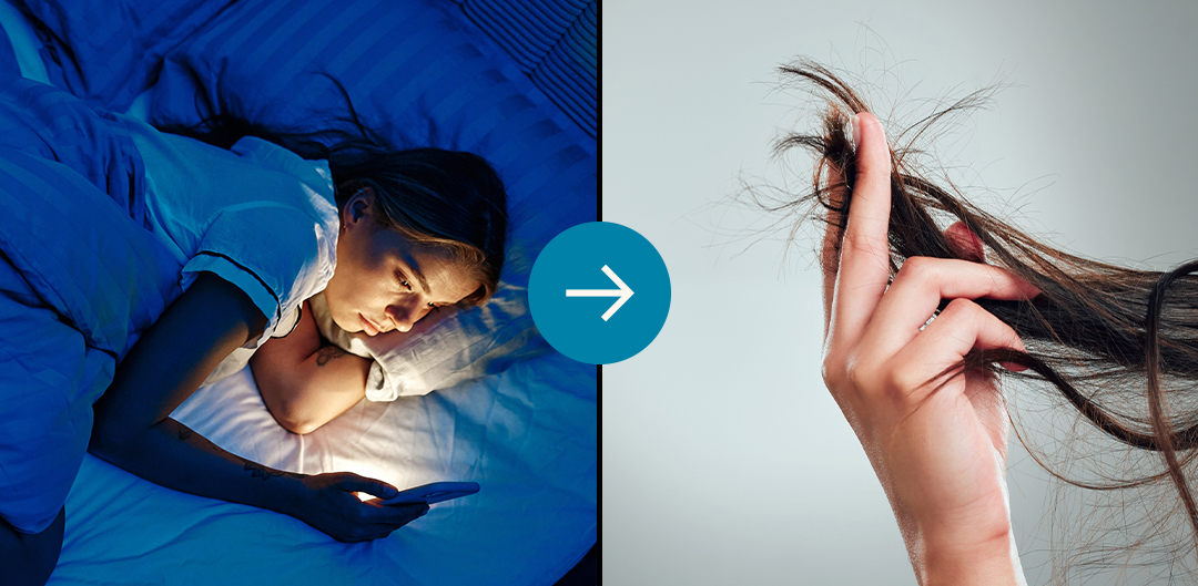 Woman in bed on phone, split with hand holding damaged hair.