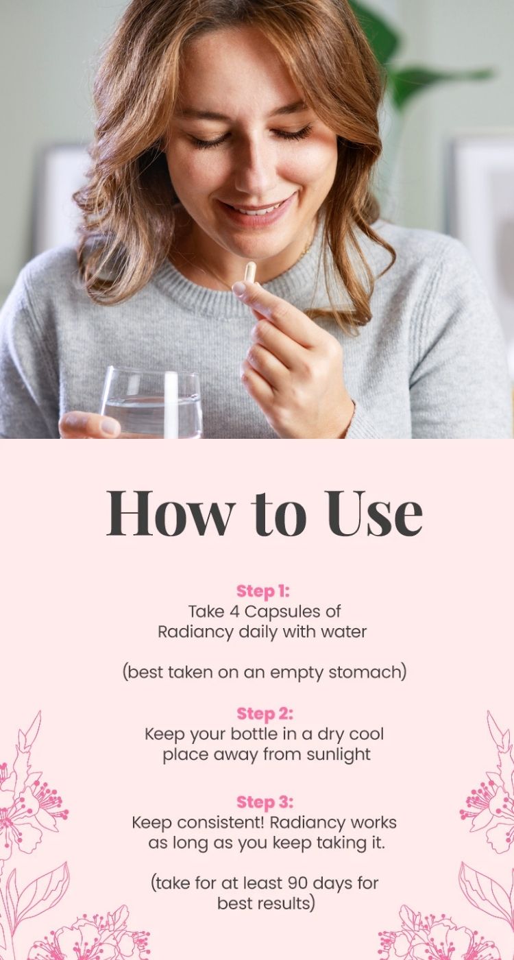 Woman holding a capsule with instructions for taking supplements.