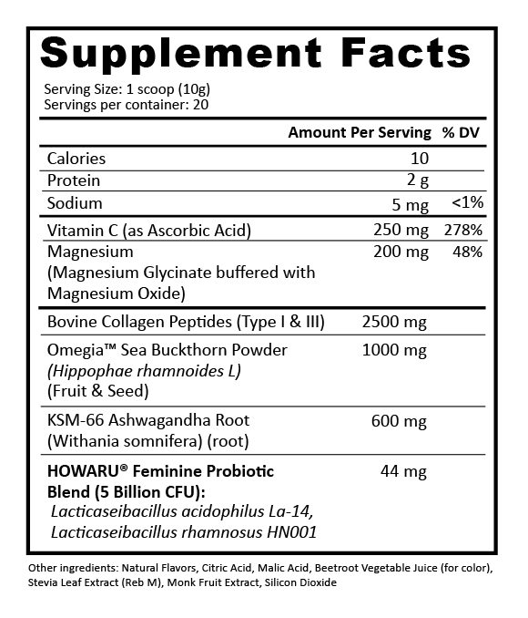 A supplement facts label showing ingredients and nutritional information per serving for a dietary supplement.