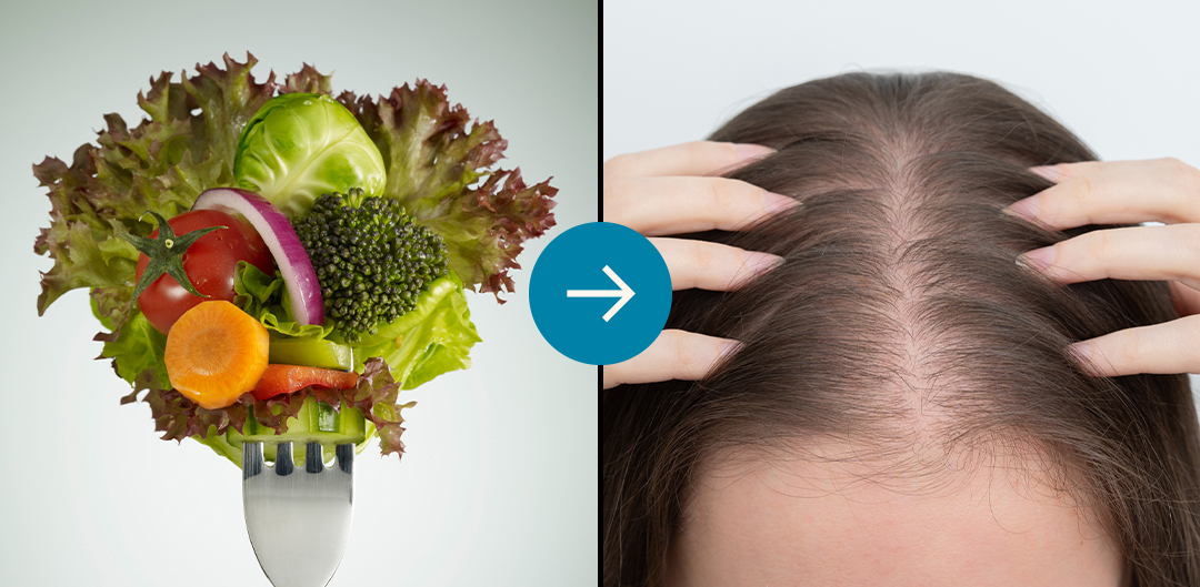 Fork with vegetables next to a person's scalp shown side by side.