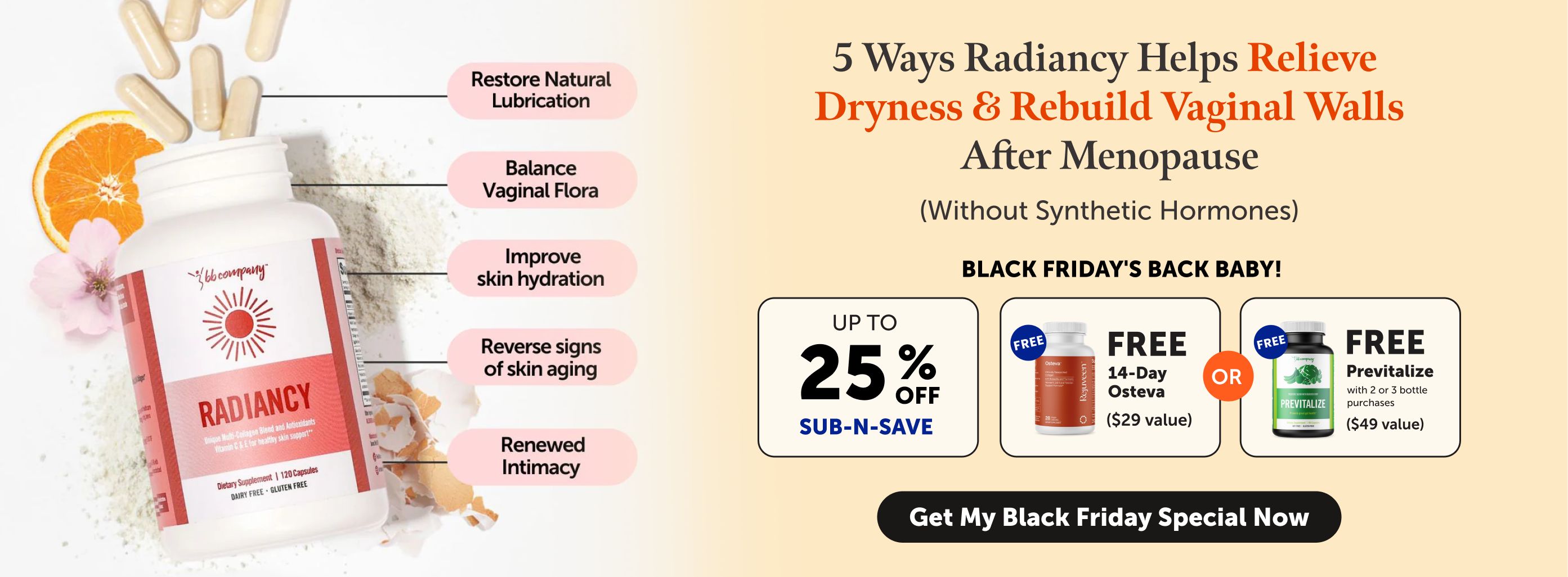 Product image with capsules, fruit slices, and promotional text for menopause relief supplements.