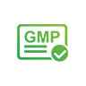 Green GMP certification icon with a checkmark on a dark green background.