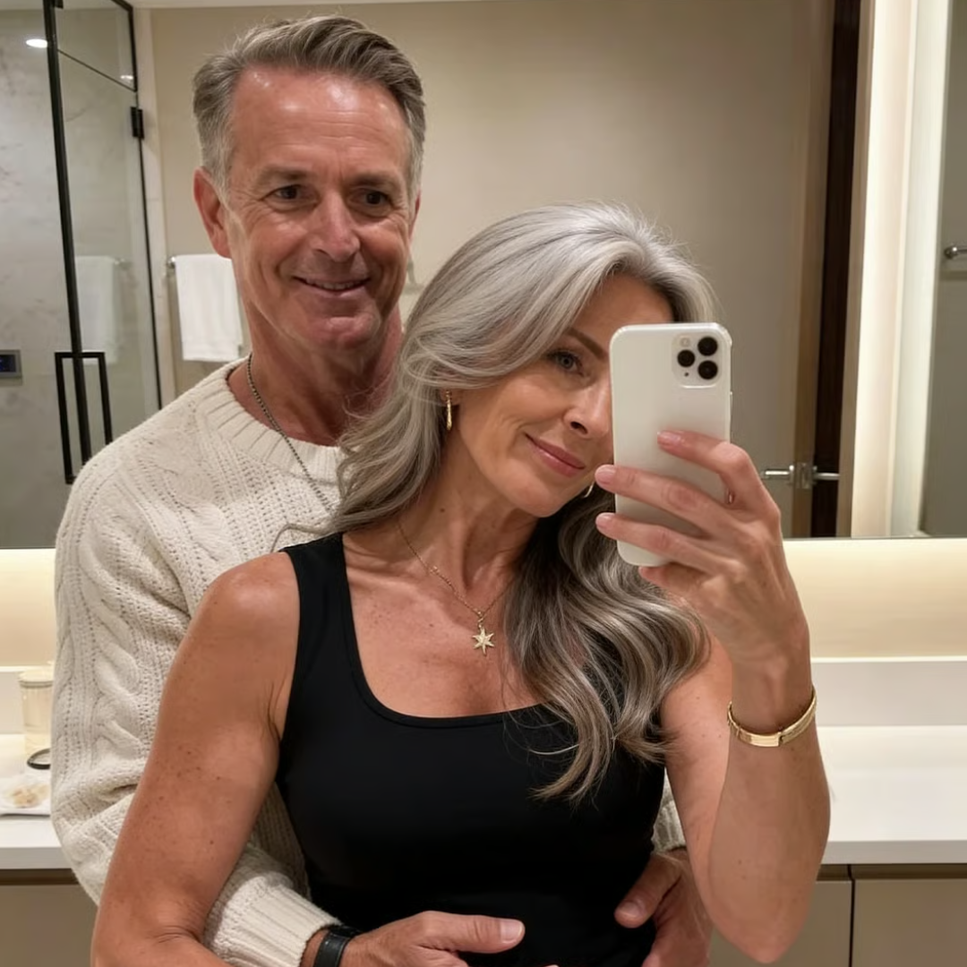 A woman takes a mirror selfie while a man hugs her from behind in a bathroom.