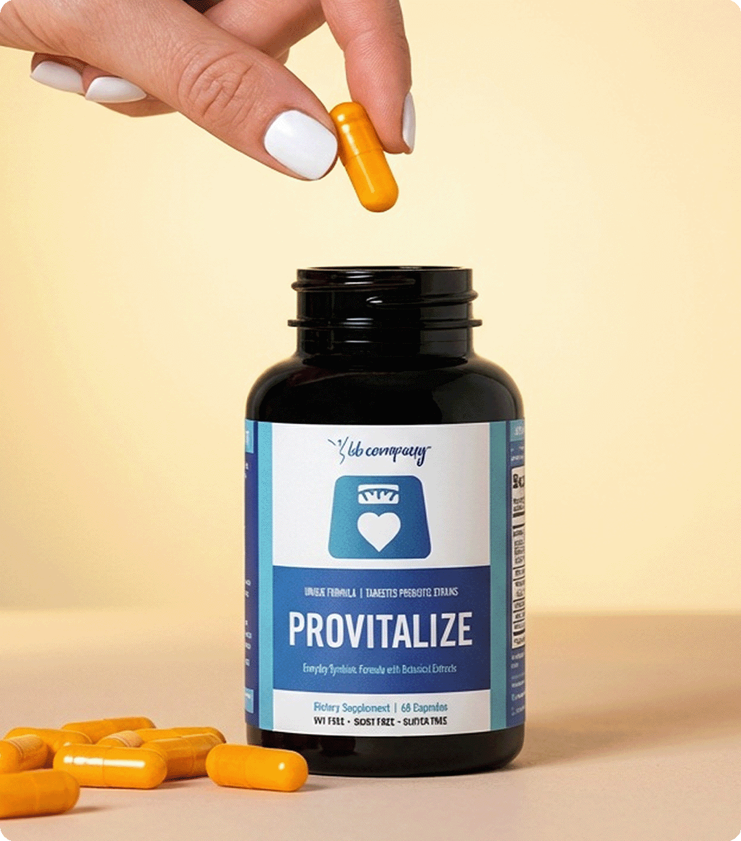 A hand with white nail polish holds an orange capsule over a bottle of Provitalize dietary supplement.