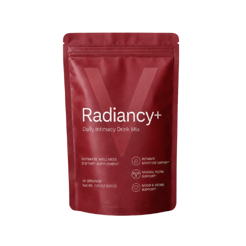 A red pouch of Radiancy+ Daily Intimacy Drink Mix, a dietary supplement for intimate wellness.