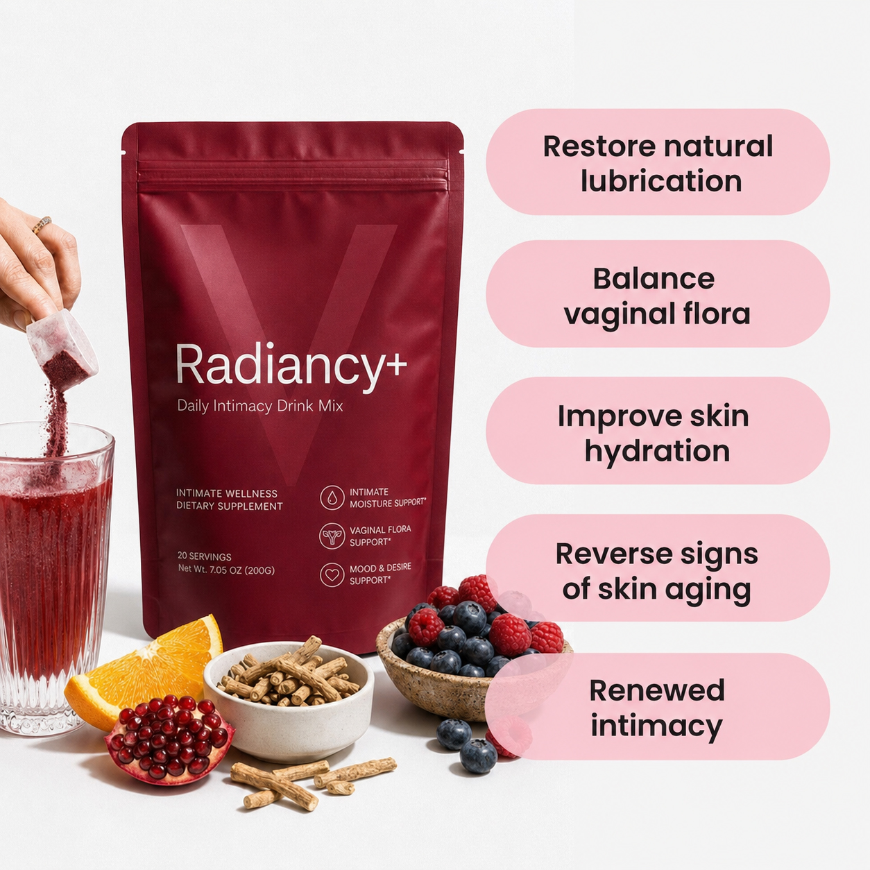 A pouch of Radiancy+ Daily Intimacy Drink Mix with fruit ingredients and a list of its benefits.