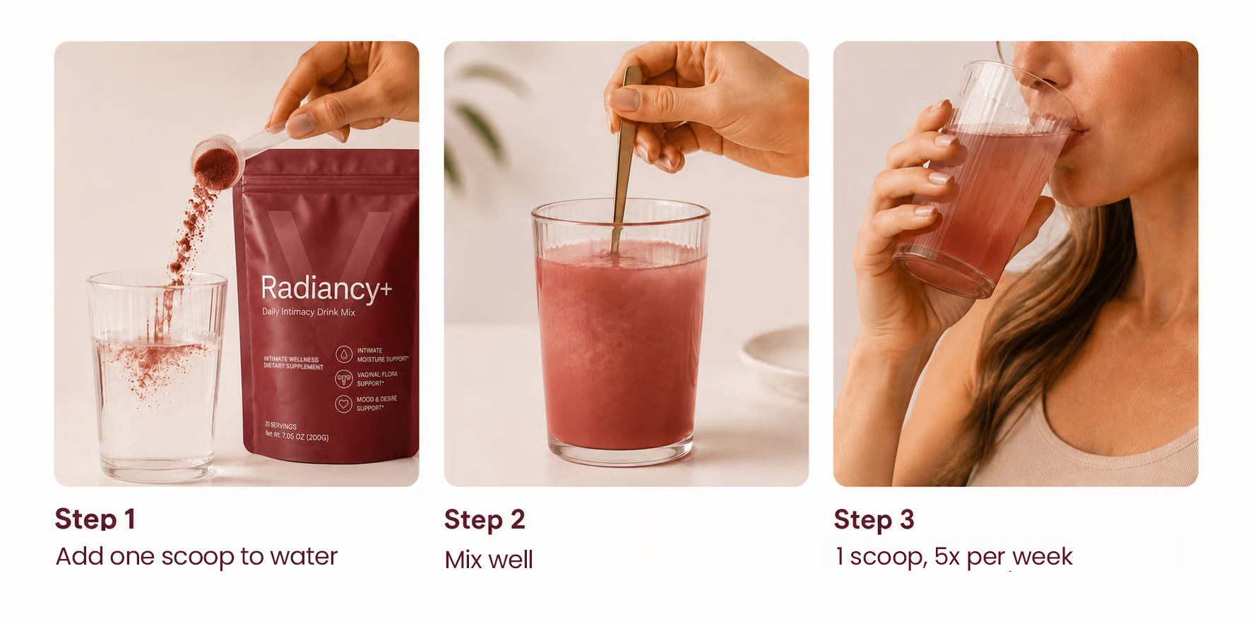 A three-panel image showing how to prepare a powdered drink mix: adding it to water, stirring, and drinking.