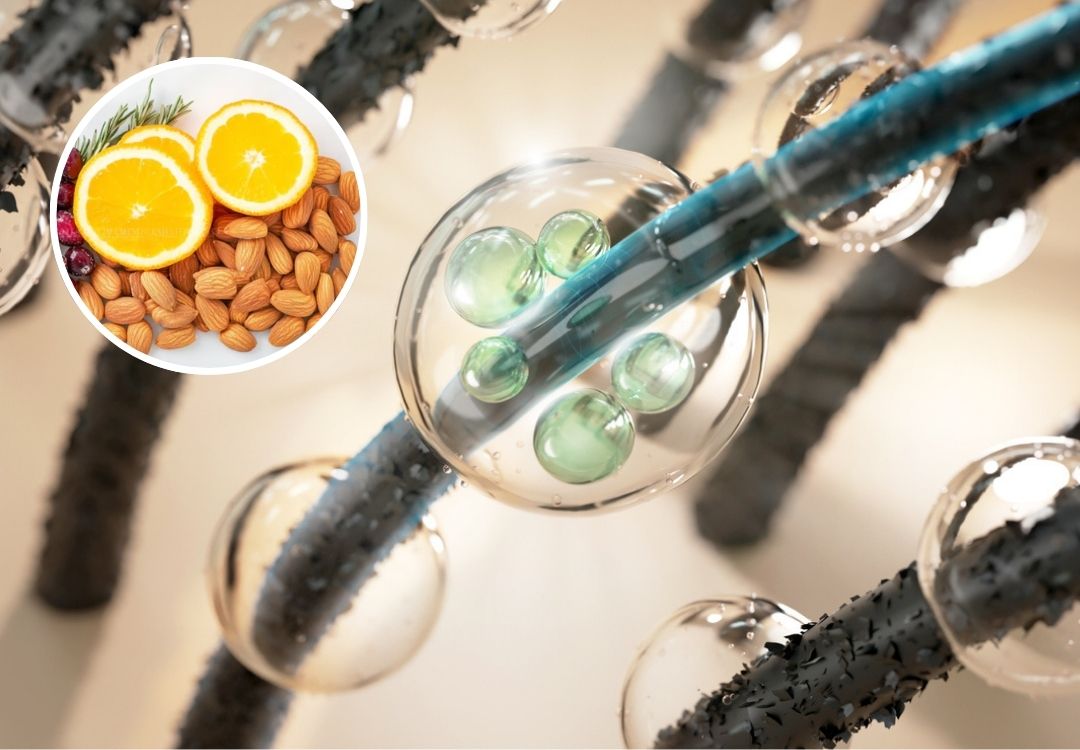 Close-up of hair strands with bubbles and inset of almonds and orange slices.