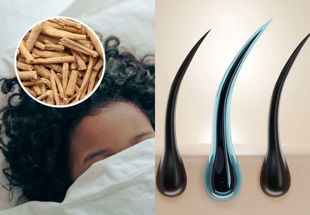 Split image of black hair, herb circle, and hair follicle close-up.