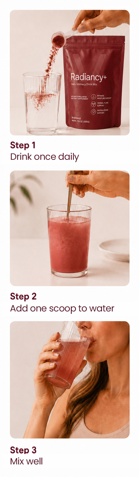 A three-step visual guide showing how to mix and consume a powdered drink supplement in a glass of water.