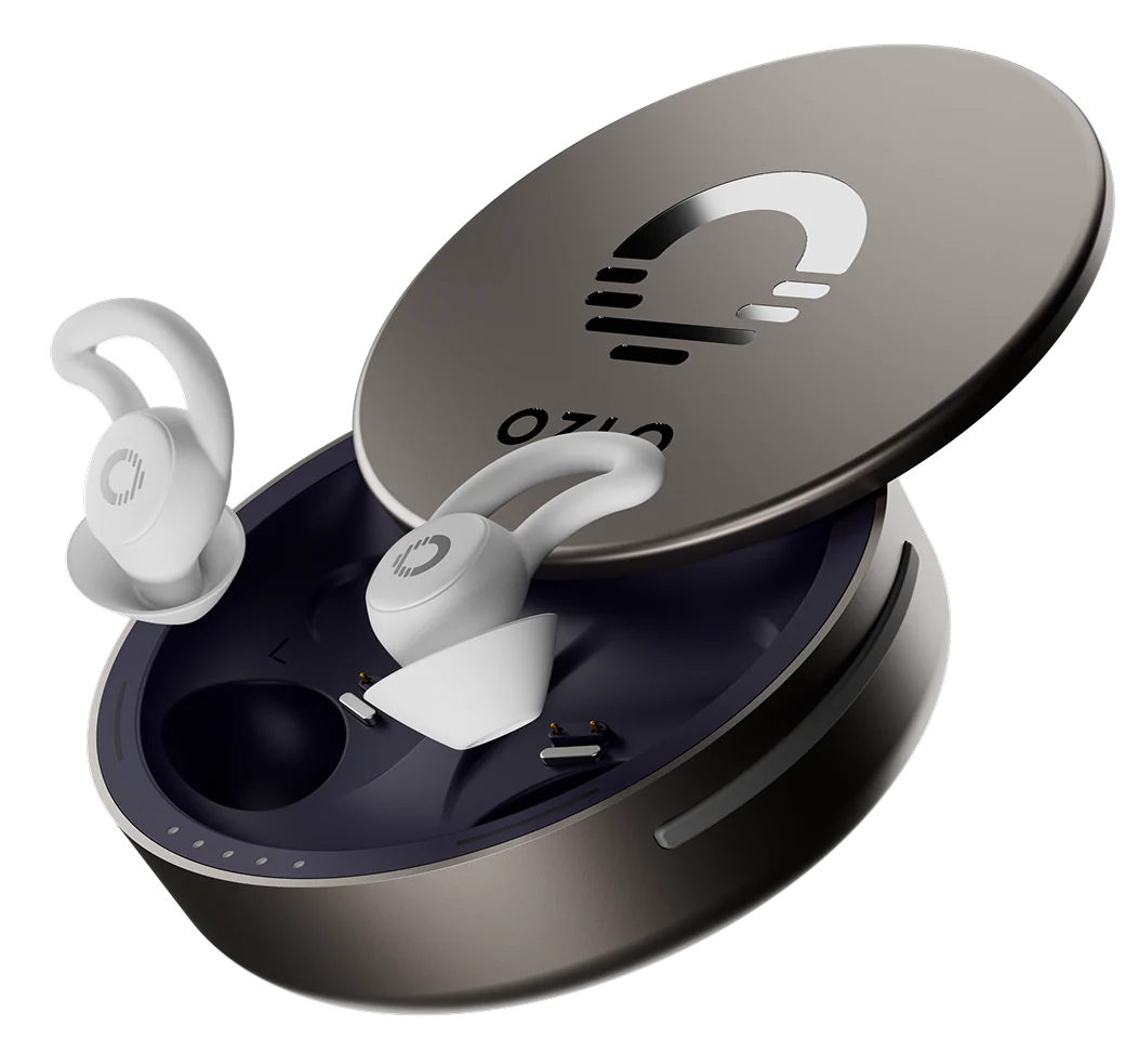 Wireless earbuds in a gray charging case with a logo on top.