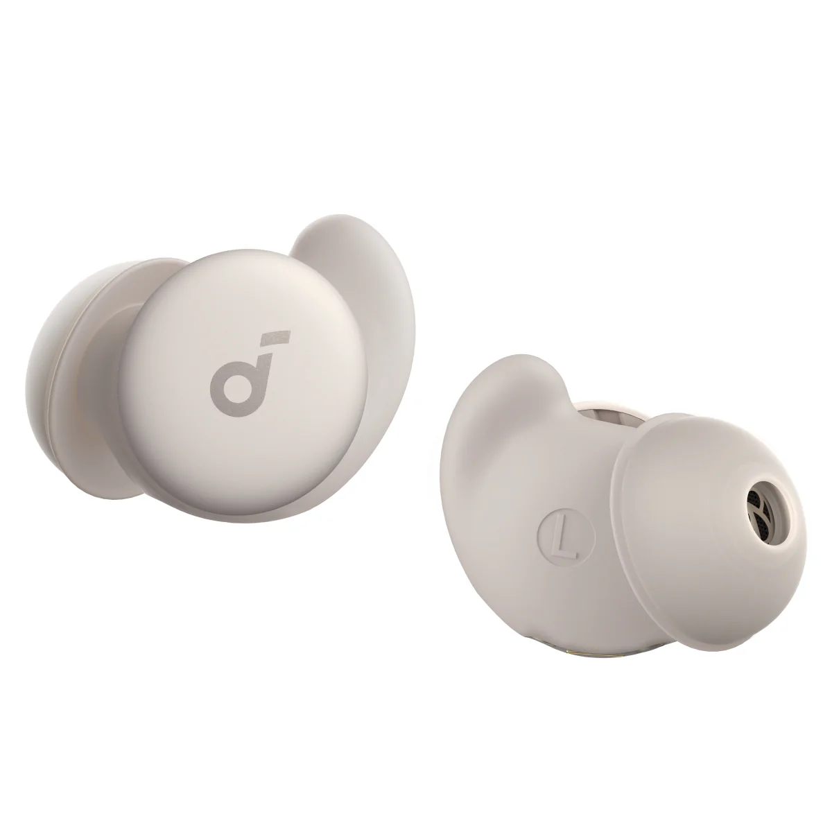 Two white wireless earbuds with logo and 'L' marking.