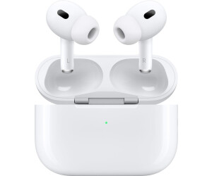 Wireless earbuds in an open charging case with a green indicator light.