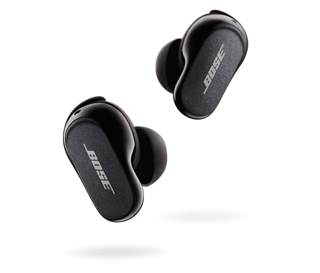 Two black wireless earbuds with a logo on a white background.