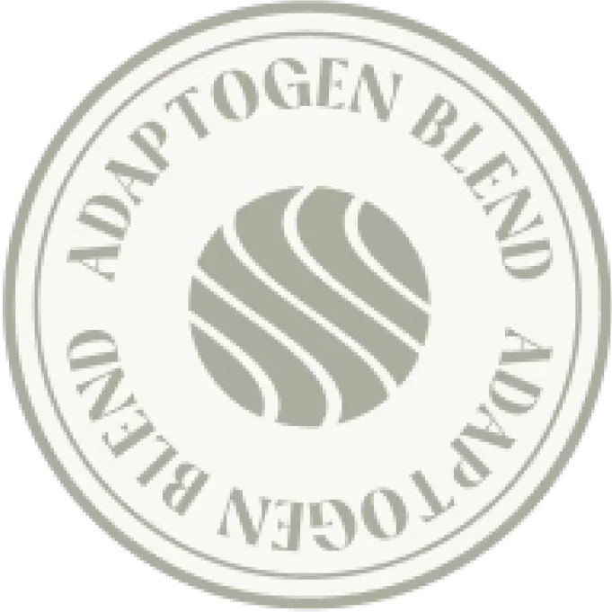 Circular logo with 'Adaptogen Blend' text and wavy lines in the center.