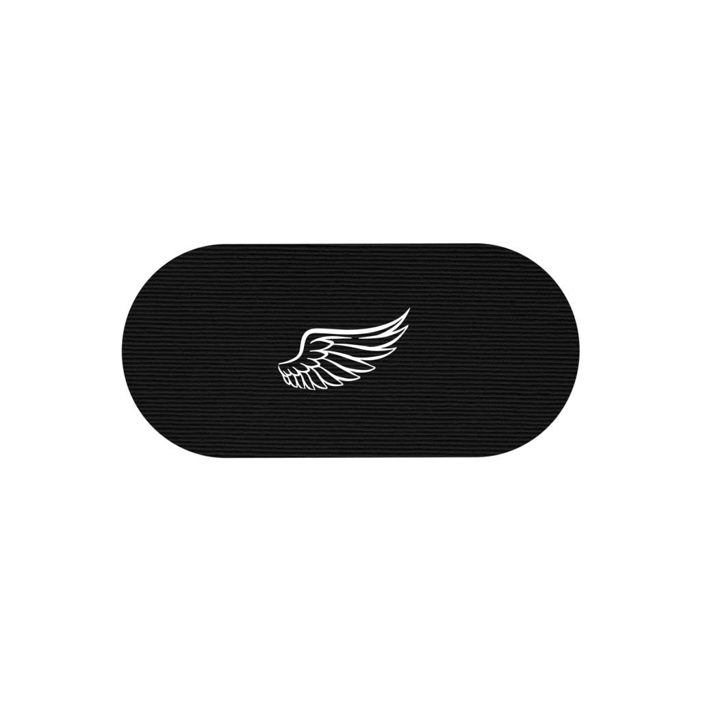 Black oval with a white wing design in the center.