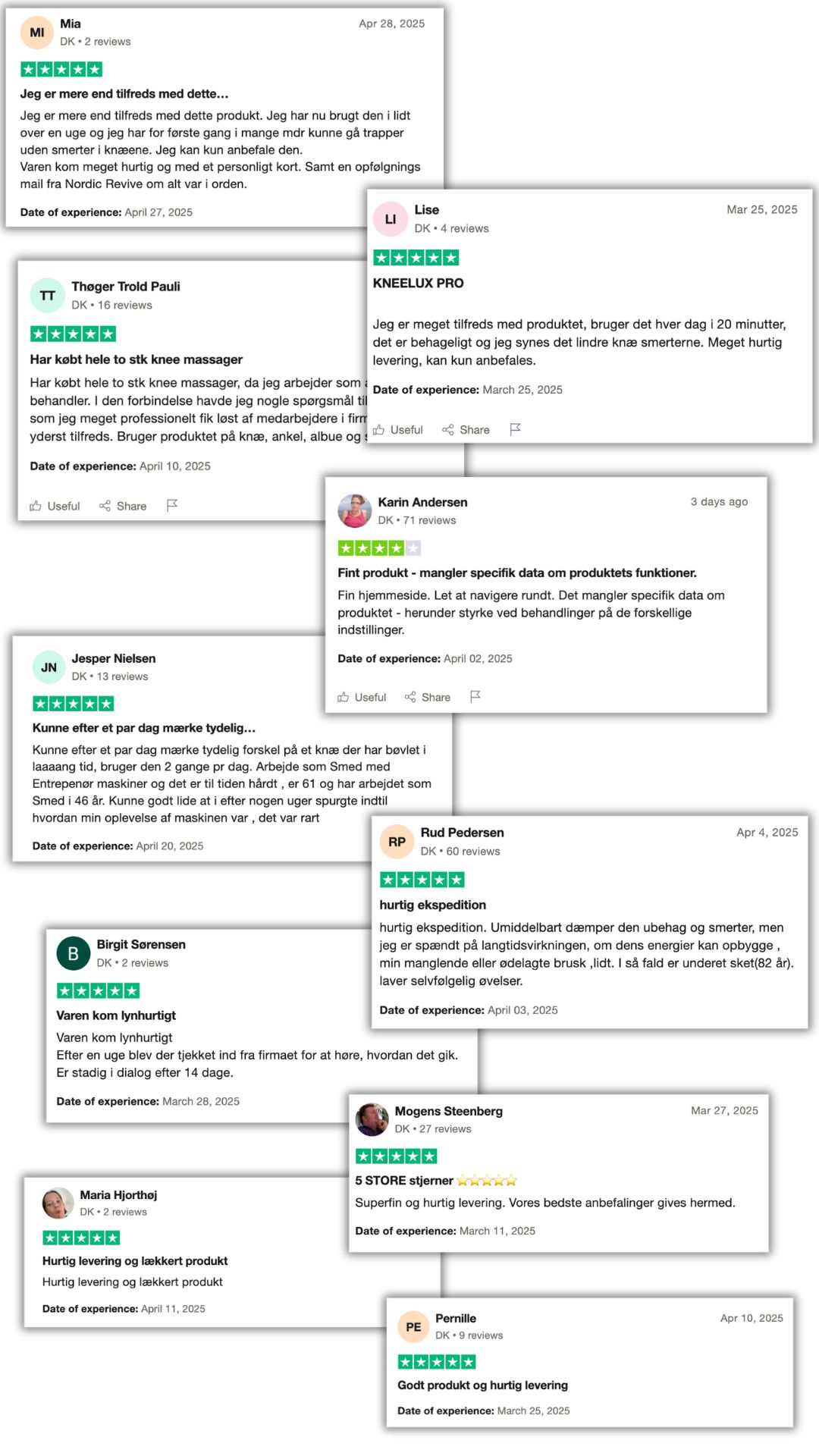 Collage of Danish product reviews with star ratings and user comments.