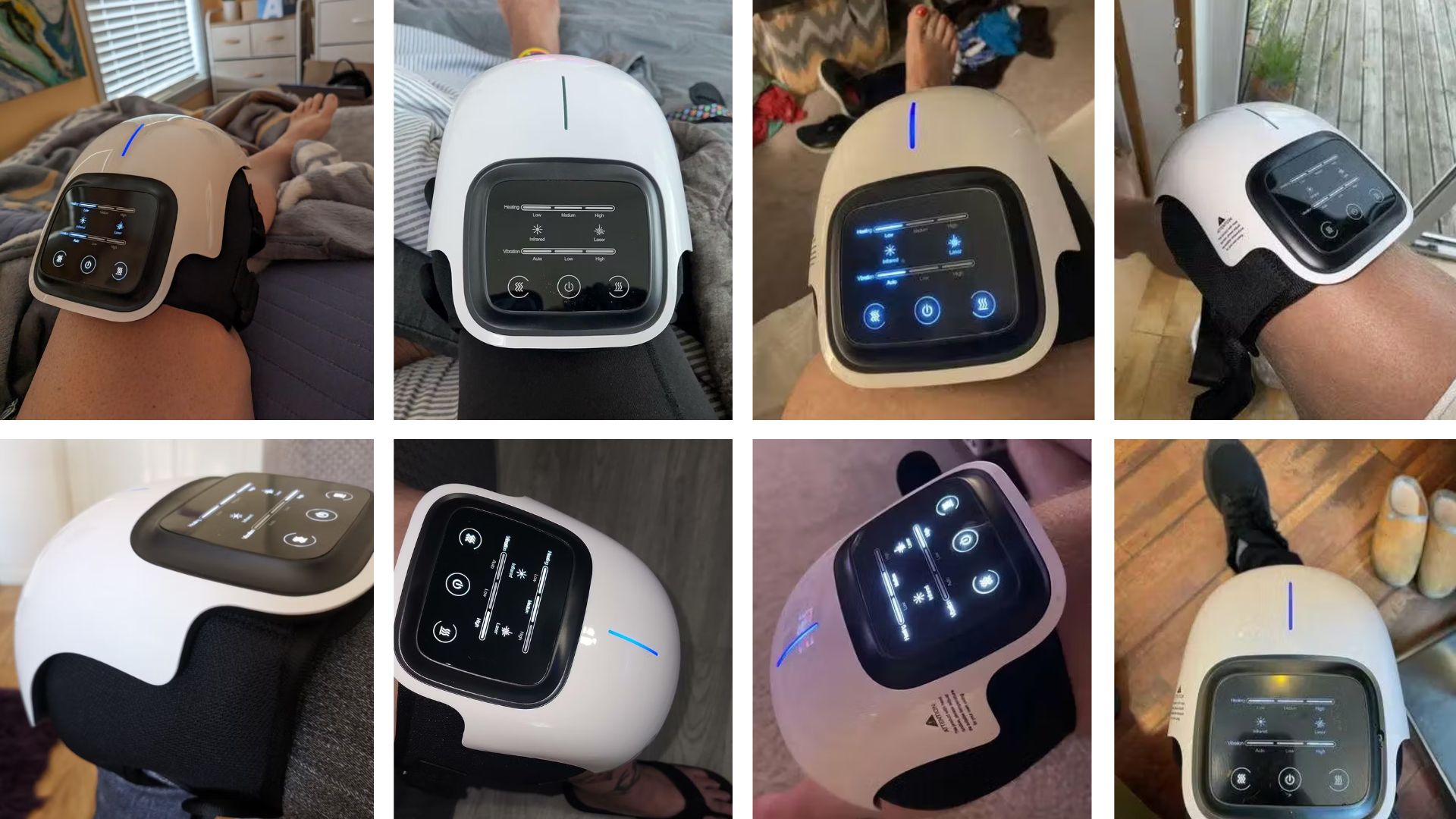 Collage of knee therapy devices with digital displays on people's knees.