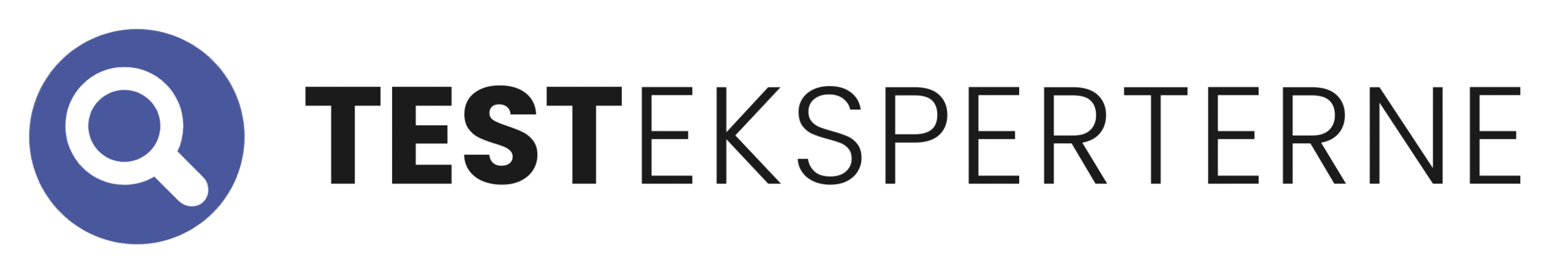 Logo with a magnifying glass and the text 'TESTEKSPERTERNE'.