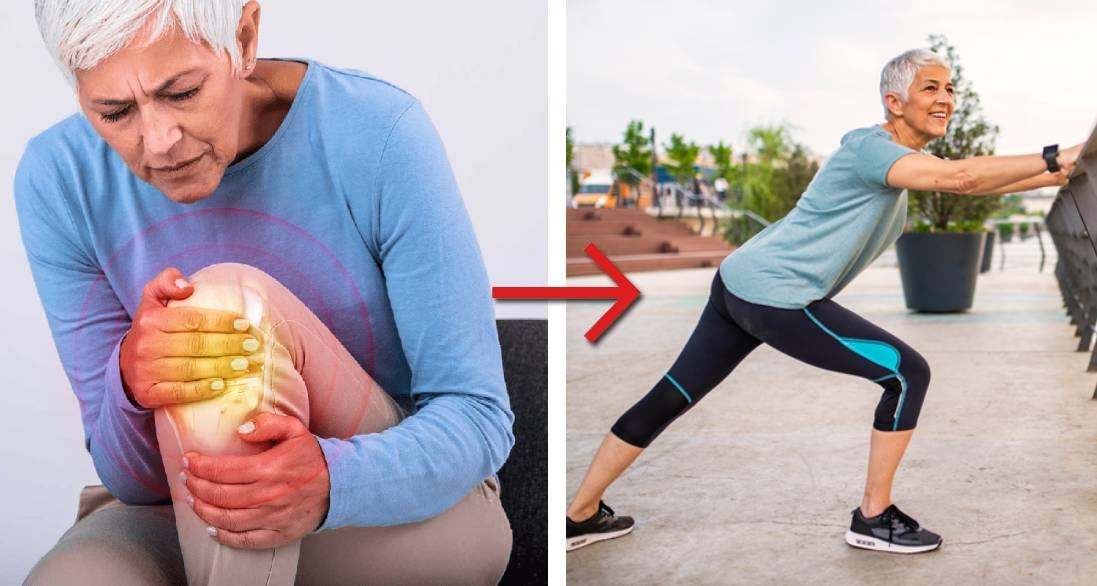 Split image of a woman with knee pain and then stretching outdoors.