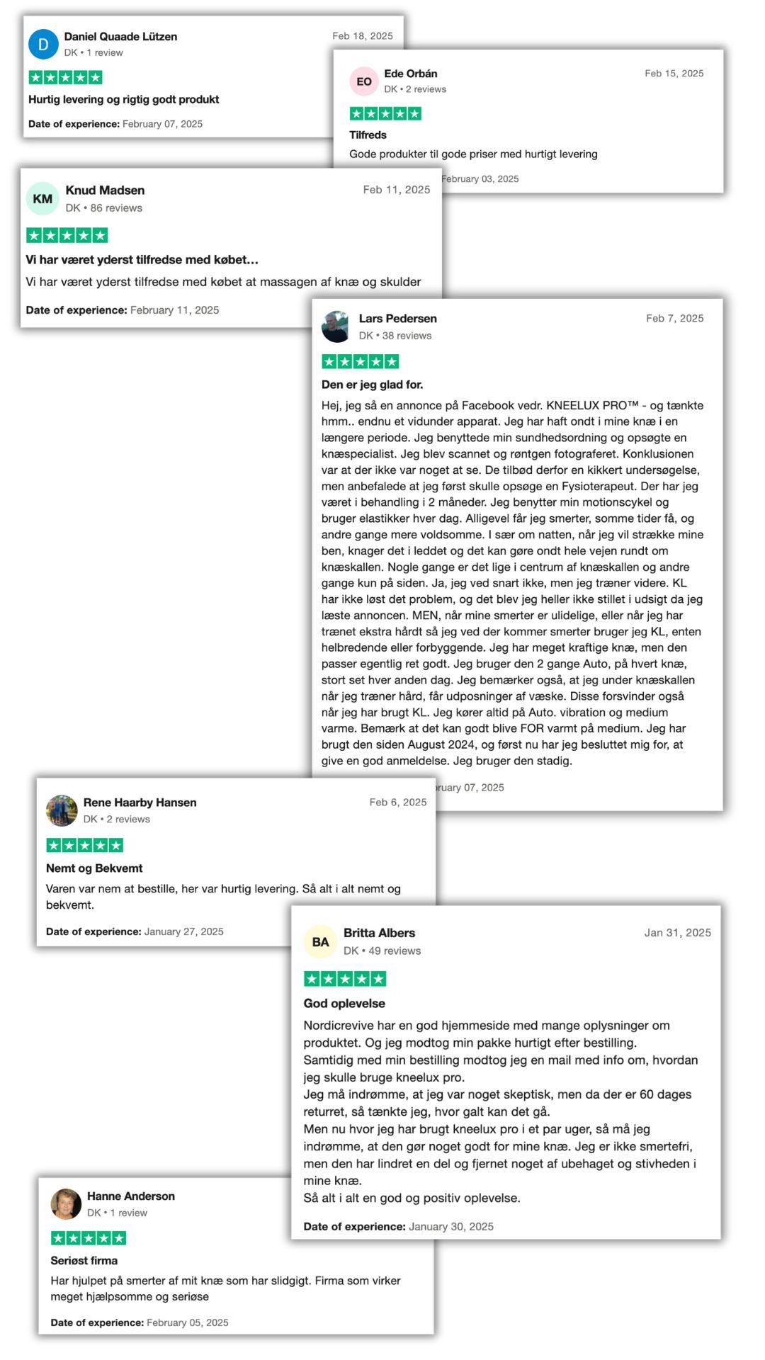 Collage of Danish customer reviews with star ratings and dates.