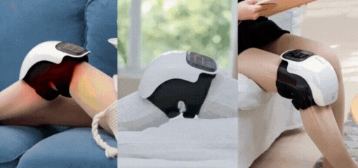 Three images of a knee massager device on different legs.