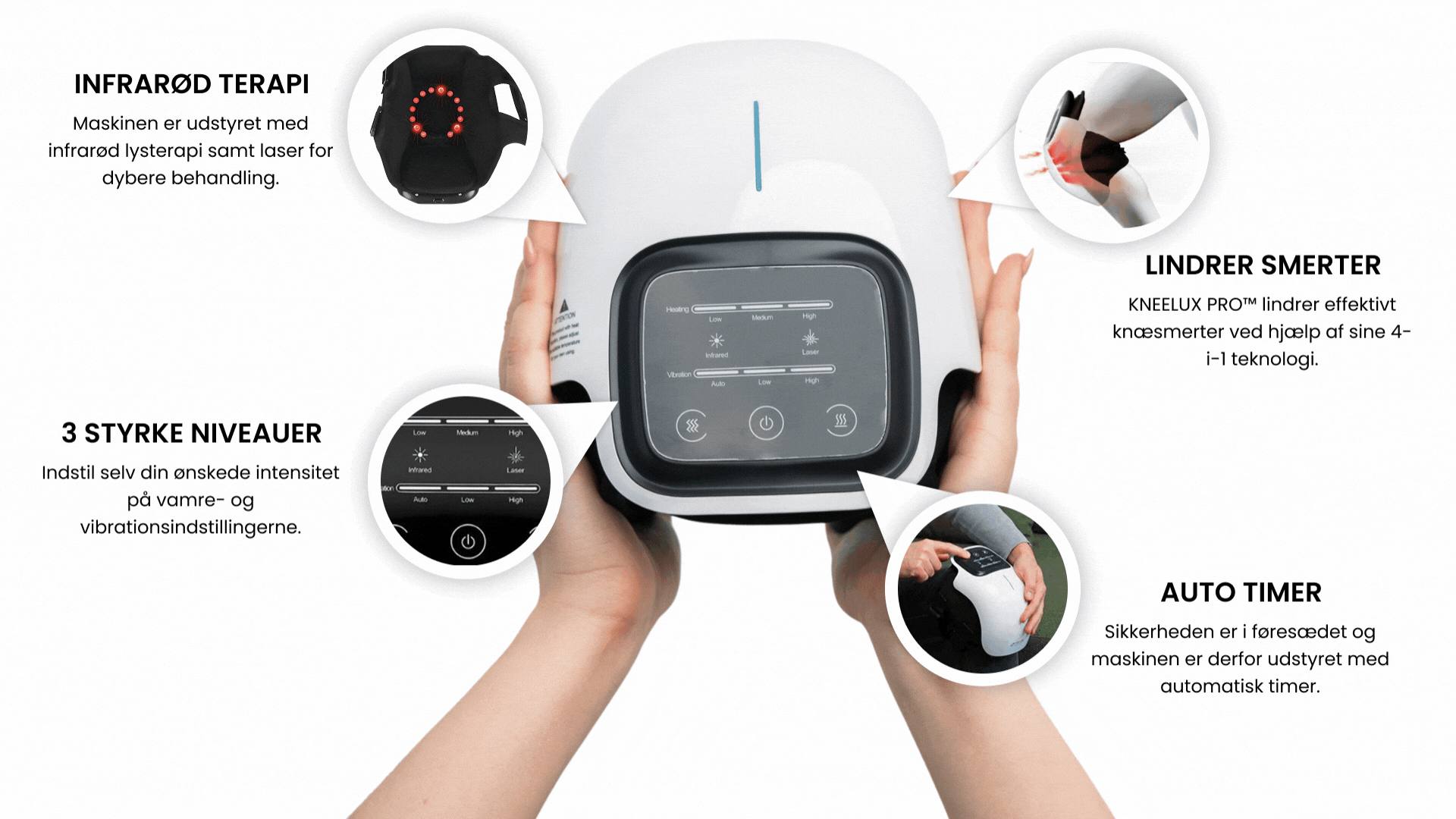 Hands holding a device with control panel and text in Danish.