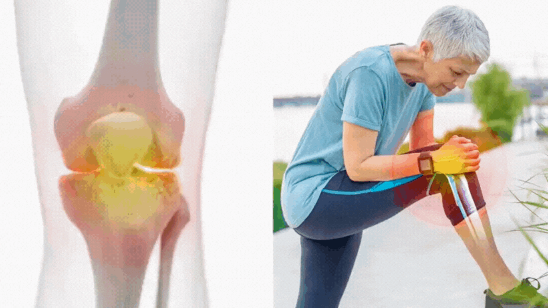 Illustration of knee joint pain and a person holding their knee.