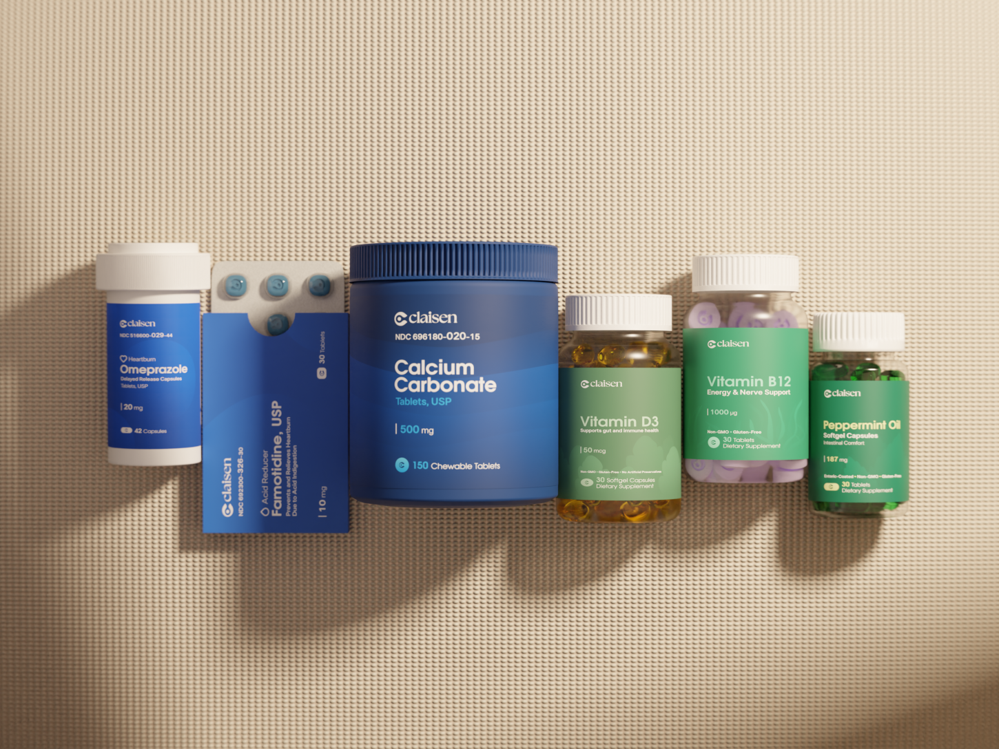 Assorted bottles and boxes of supplements and medications on a textured surface.
