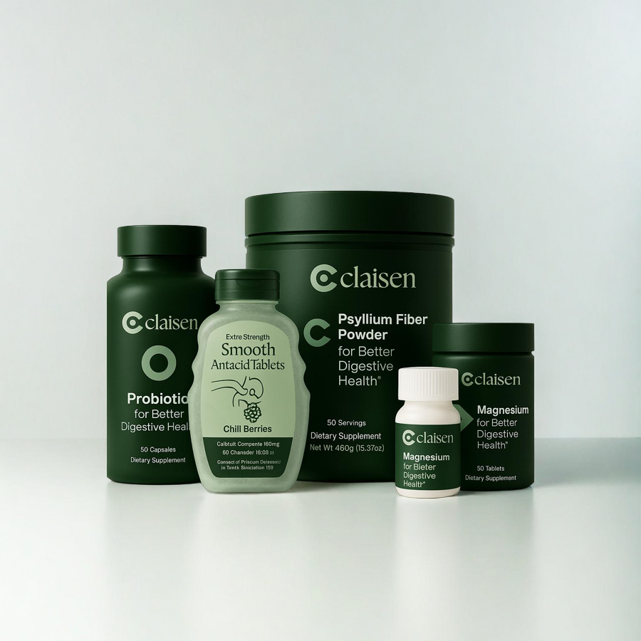 Five dietary supplement bottles labeled for digestive health.